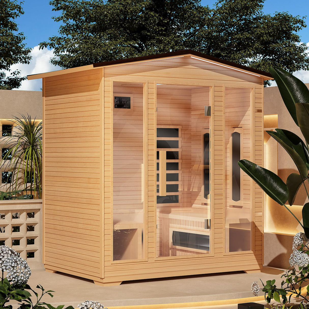 BNEHS Outdoor Sauna 4 Person,Full Spectrum Infrared Sauna,Home Sauna with 10 Minutes Warm Up Heating Tubes & Panels,Personal Wooden Sauna Room with Bluetooth Speaker,3060Watt BNEHS