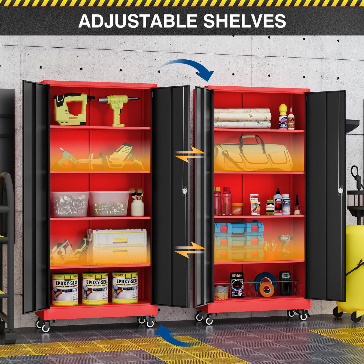 Fesbos Metal Rolling Storage Cabinet-74.6” Tall Steel File Cabinets with Wheels Lockable Doors and Adjustable Shelves-Black & Red Steel Storage Cabinet for Home, School, Office, Garage Fesbos