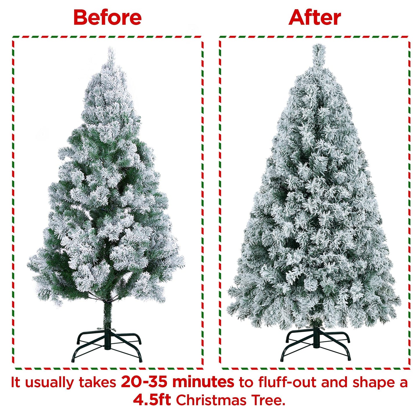 Yaheetech 4.5ft Pre-lit Artificial Christmas Tree with Incandescent Warm White Lights, Snow Flocked Full Prelighted Xmas Tree W/340 Branch Tips, 150 Incandescent Lights & Foldable Stand, Green & White