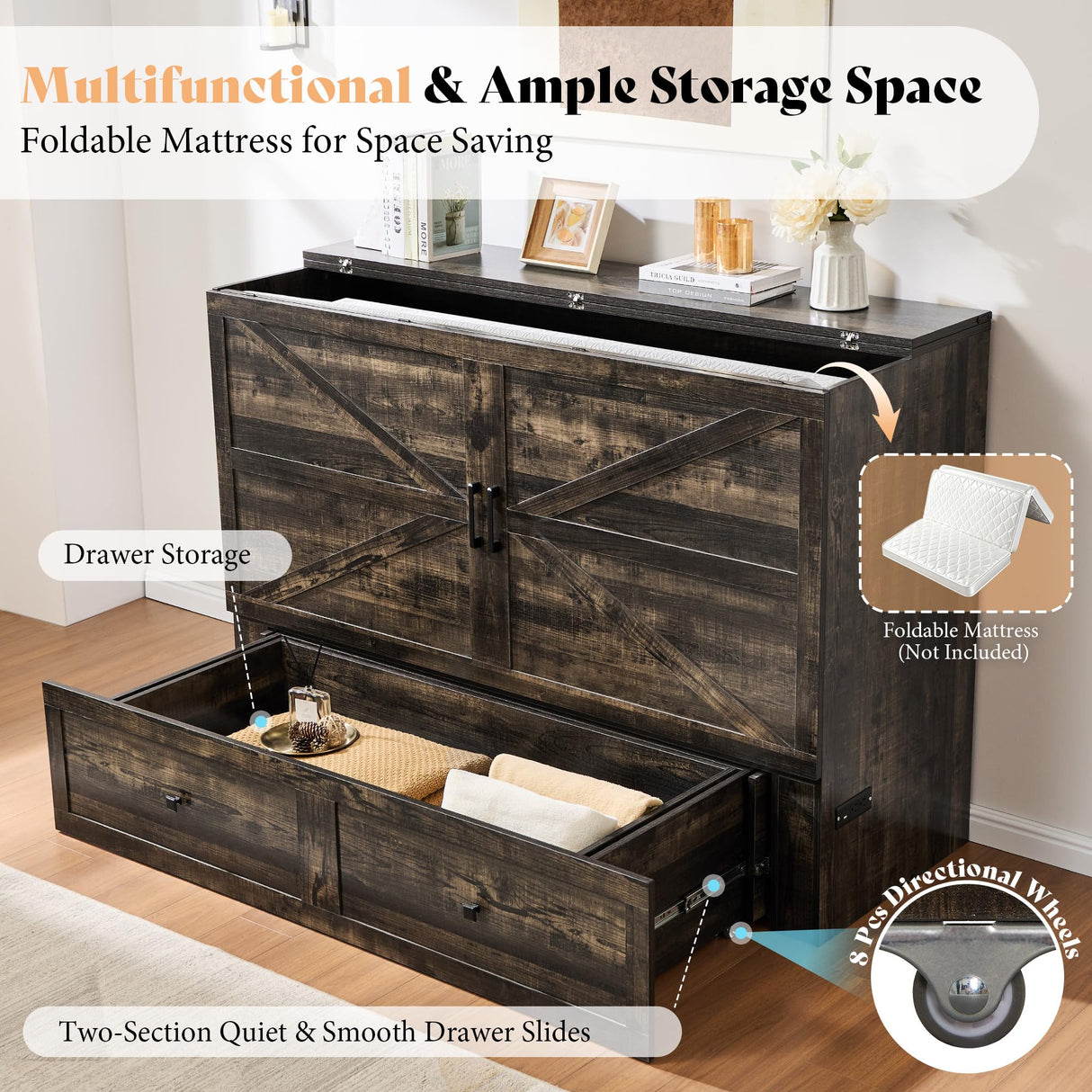 AMERLIFE Queen Murphy Bed Cabinet with Charging Station and Storage, Farmhouse Foldable Platform Bed for Guest Room, Office, Small Spaces, Black Oak AMERLIFE