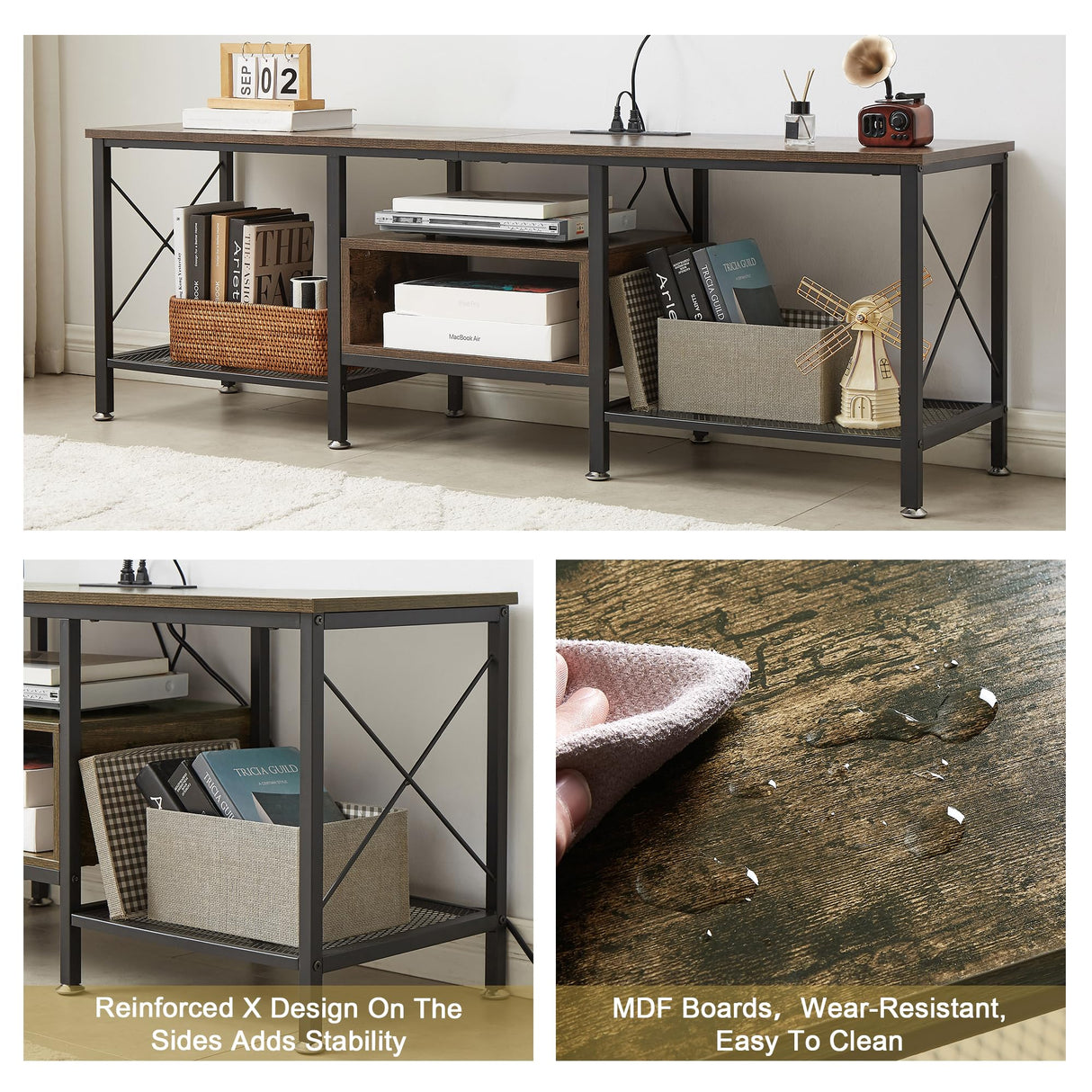 VECELO TV Stand with Power Outlets for 75 Inch Industria Media Entertainment Center with Charging Station, 3-Tier Open Shelves & Metal Frame for Living Room, Bedroom, 70 Inch, Brown VECELO