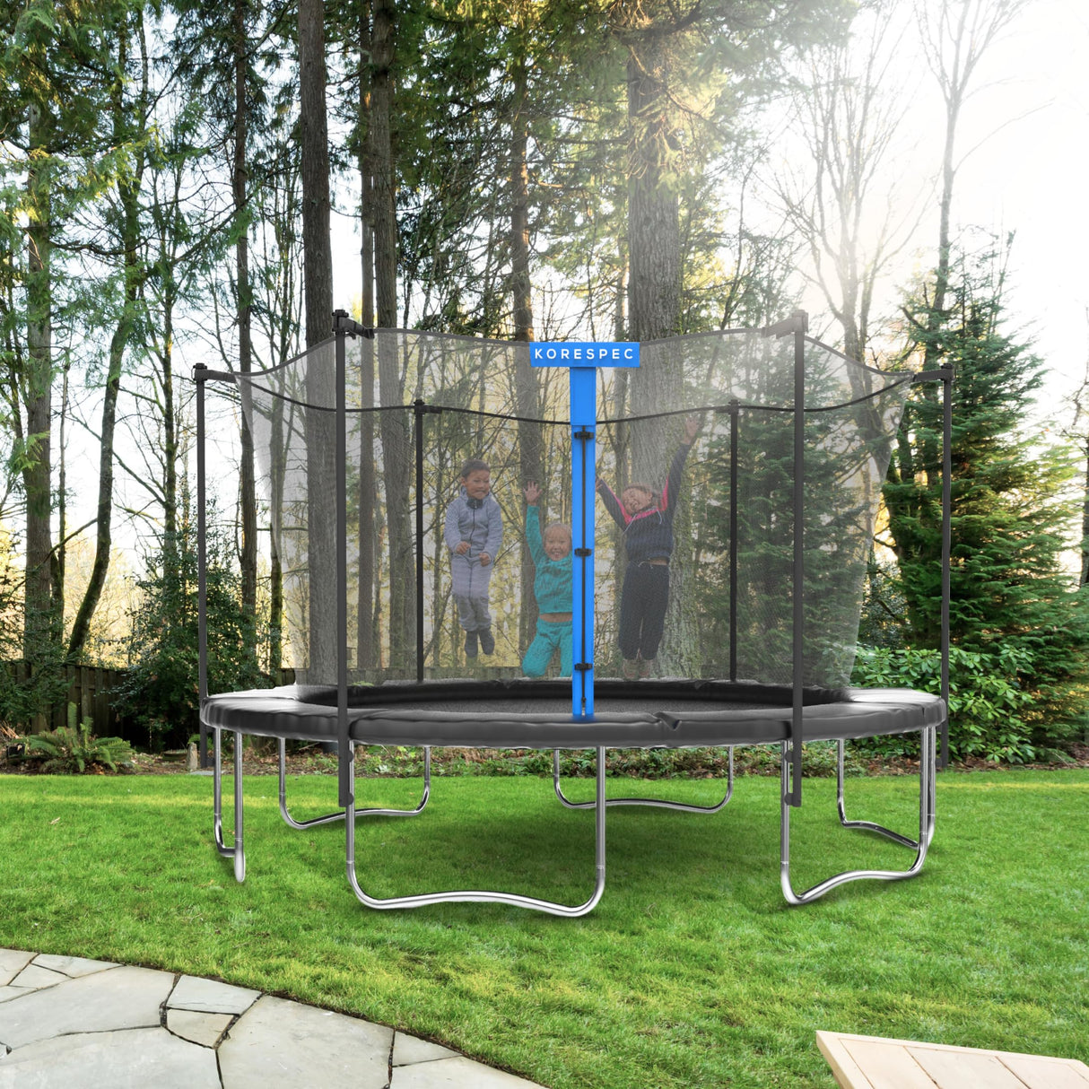 KORESPEC 14 FT Trampoline Net Replacement with 6 Pole Caps and 4 Strings, Safety Enclosure Net, Premium Breathable UV Weather Resistant Mesh, Parts Fit Outdoor Round Frame with 6 Straight Poles KORESPEC