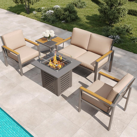 MAISON BACKYARDS MBY 5-Piece Modern Patio Furniture Set with Fire Pit Table, Metal Outdoor Sectional with Cushions & Wood-Like Armrests, Cozy Conversation Set for Porch, Balcony, Garden, Yard-Brown MAISON BACKYARDS