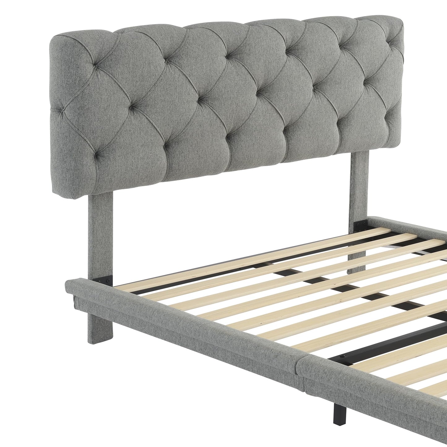 Bellemave Floating Platform Bed Frame in Grey with Button-Tufted Headboard and Illuminating Stripe - WoodArtSupply