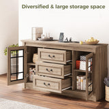 IRONCK Farmhouse TV Stand for 65 Inch TV with Outlets, 59" Entertainment Center with 3 Drawers and 2 Storage Cabinet, Glass Doors and Adjustable Shelf, Console Tables for Living Room, Light Rustic Oak IRONCK