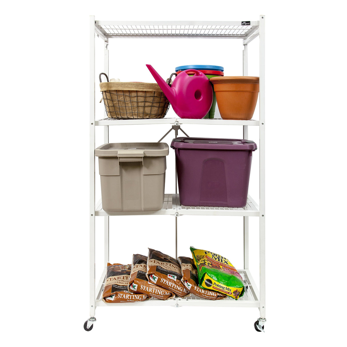 Origami 4 Tier Foldable Heavy Duty Metal Garage Storage Shelf Rack with Wheels and Powder Coated Steel for Organization in Home and Office, White Origami