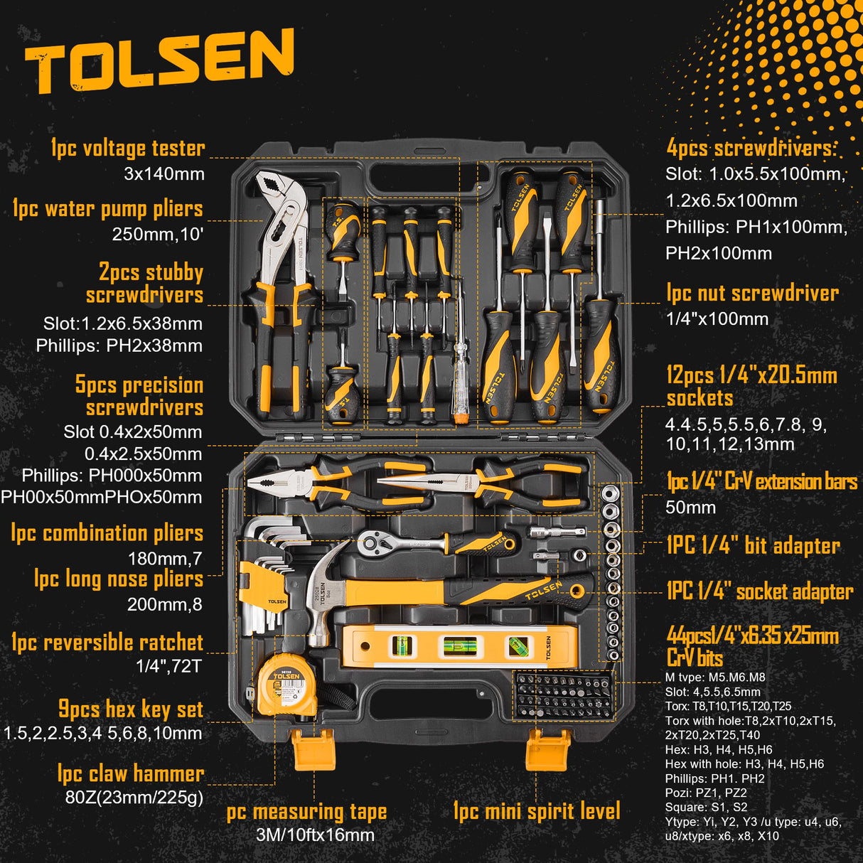 TOLSEN 89-Piece Tool Set Household Tool Kit, Hammer Screwdrivers Set, Tool Kit with Drill Bits, Socket Wrench Set, Hex Key Set, Tape Measure, with Plastic Toolbox Storage Case Tolsen