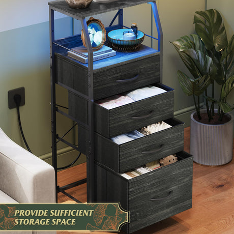WLIVE Night Stand with Charger Station, Tall 4 Drawer Dresser for Bedroom, Black Nightstand with LED Light, Bed Side Table for Living Room with Shelf, Fabric Storage Bins, Metal Frame, Wood Furniture WLIVE