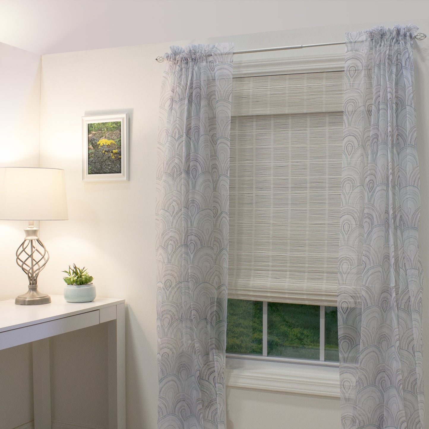 Radiance Cordless White Bamboo Roman Shades - 34" W x 64" L, Perfect for Inside & Outside Mount - WoodArtSupply