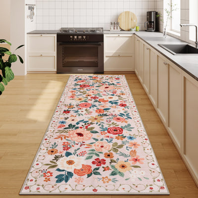 DUKINO 2x6 Runner Rug for Hallway, Washable Kitchen Runner Rug with Non Slip Backing, Low Pile Soft Boho Floral Runner for Kitchen, Hallway, Entryway, Laundry, Bedroom, Beige