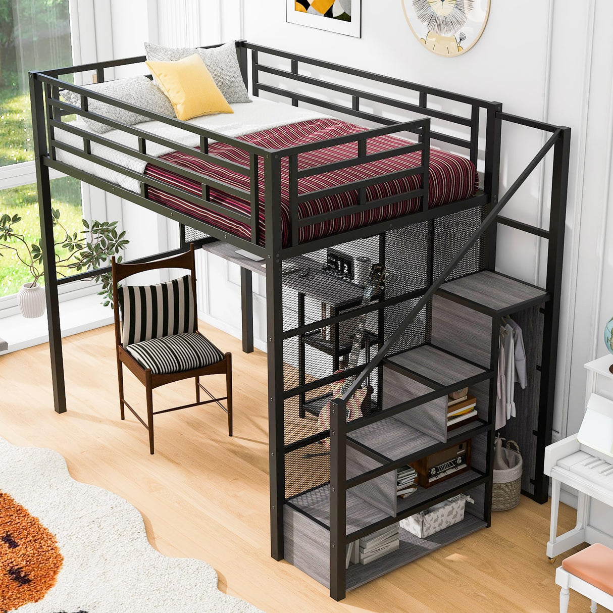Merax Modern Full Heavy Metal Loft Bed with Wardrobe & Desk, Multifunction Loft Bed Frame with Staircase, Storage Shelves for Bedroom, Dorm, Appartment Space-Saving Black Merax