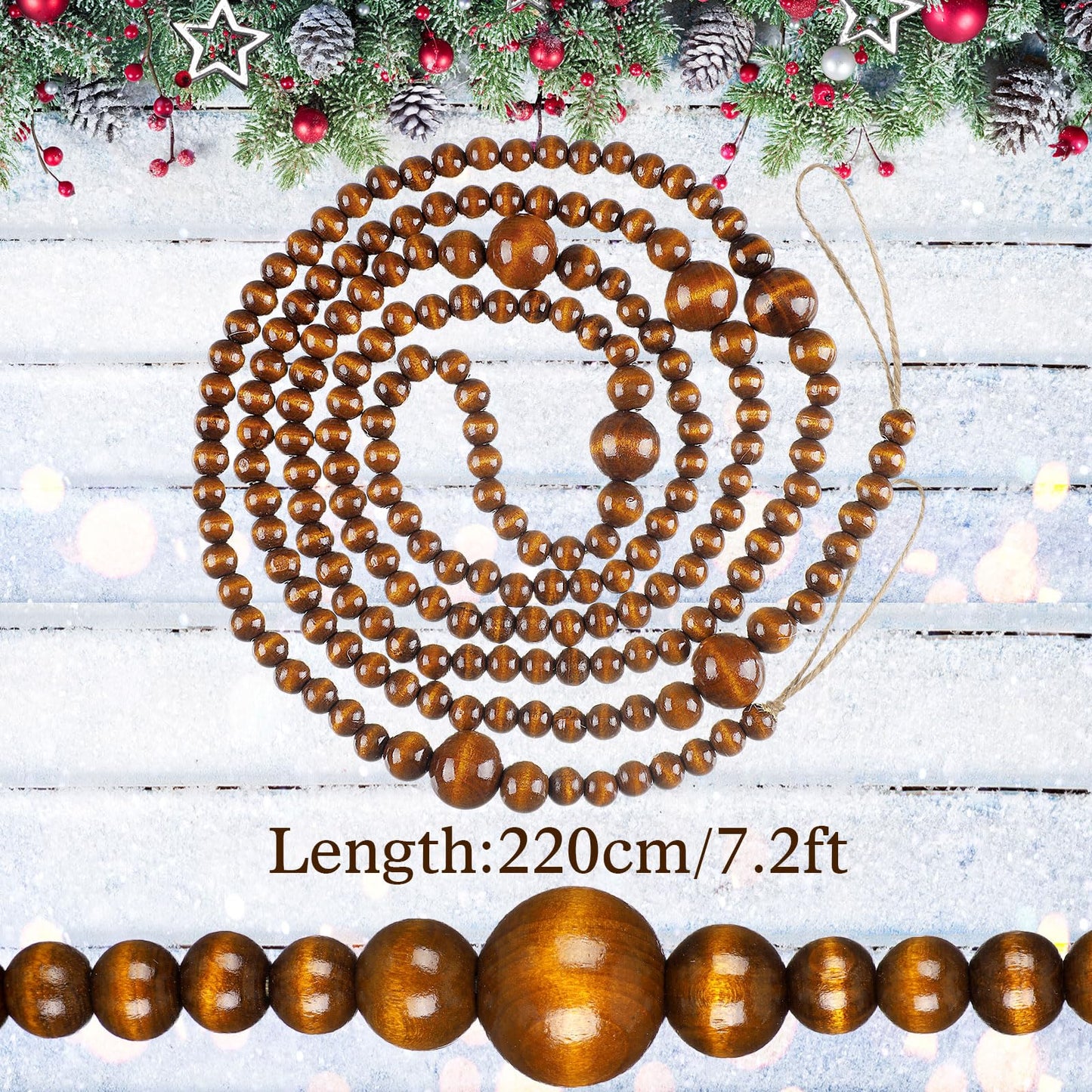 Bucherry 4 Pcs Christmas Wood Bead Garland 28.8 Feet Wooden Beaded Garland Boho Farmhouse Garland Farmhouse Home Decor Hanging Decorations Ornaments for Xmas Tree Wall, 7.2 Feet/ 1 Pcs (Coffee)