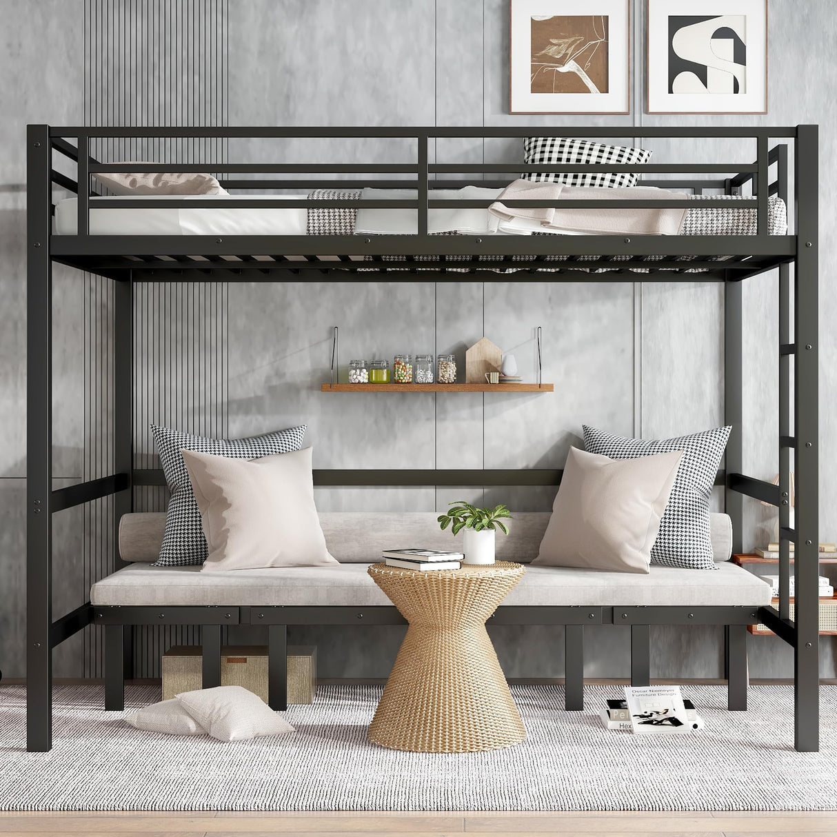 Queen Over Queen Bunk Bed for Adults, Heavy Duty Bunk Bed can Turns into Loft Bed with U-Shaped Sofa, Adults Bunk Bed with SafetyRails and Side Ladder, Black(Not Include Cushion) Bellemave
