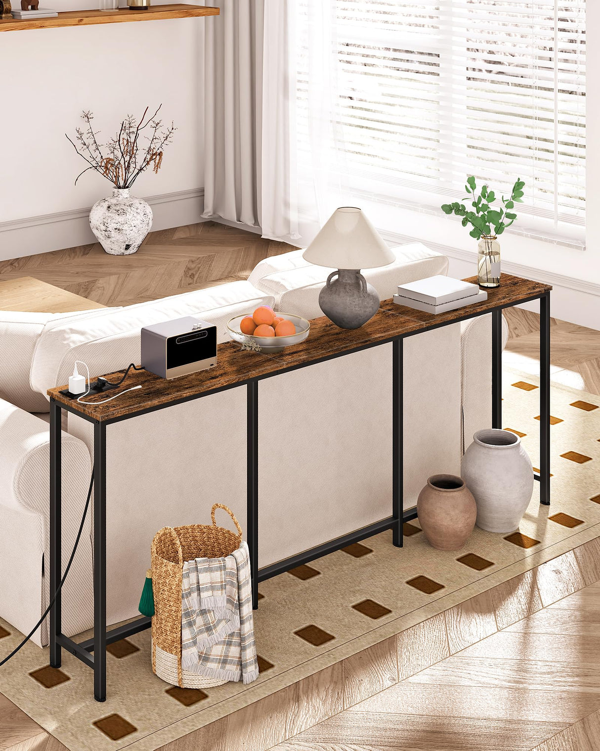 CHOEZON 70.9" Narrow Console Table with Power Outlet 7.1" Skinny Sofa Table, Long Behind Couch Table with Charging Station, Entryway Table for Hallway, Living Room Rustic Brown and Black TXG18UBF CHOEZON