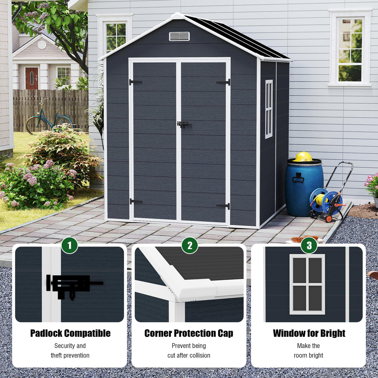 Outdoor Storage Shed 6x6 FT, Resin Shed with Floor & Window, Lockable Door, Vents, Outside Sheds & Garden Shed for Patio Furniture, Gardening Tools, Pool Equipment (Dark Gray, 6 * 6ft) OUEEEDD