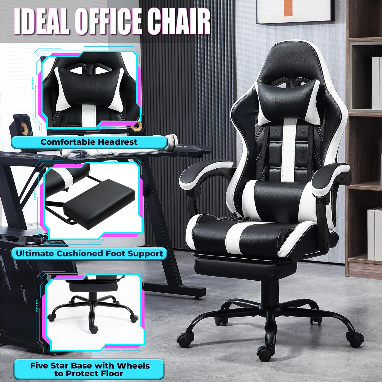 HOMHUM Massage Gaming Chair with Footrest, Ergonomic PU Leather Computer Chair w/Headrest and Lumbar, Height Adjustable, 360° Swivel Desk Office Chair, White HOMHUM