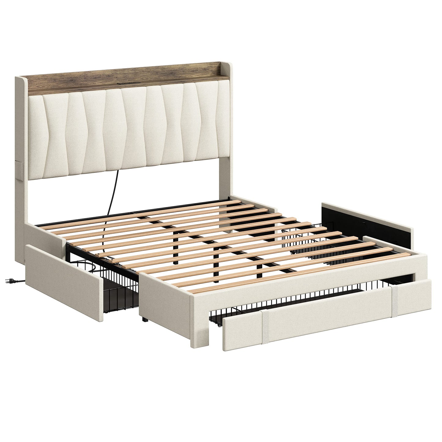 ANTCOR Upholstered Queen Bed Frame with 3 Storage Drawers and Charging Station in Beige - WoodArtSupply