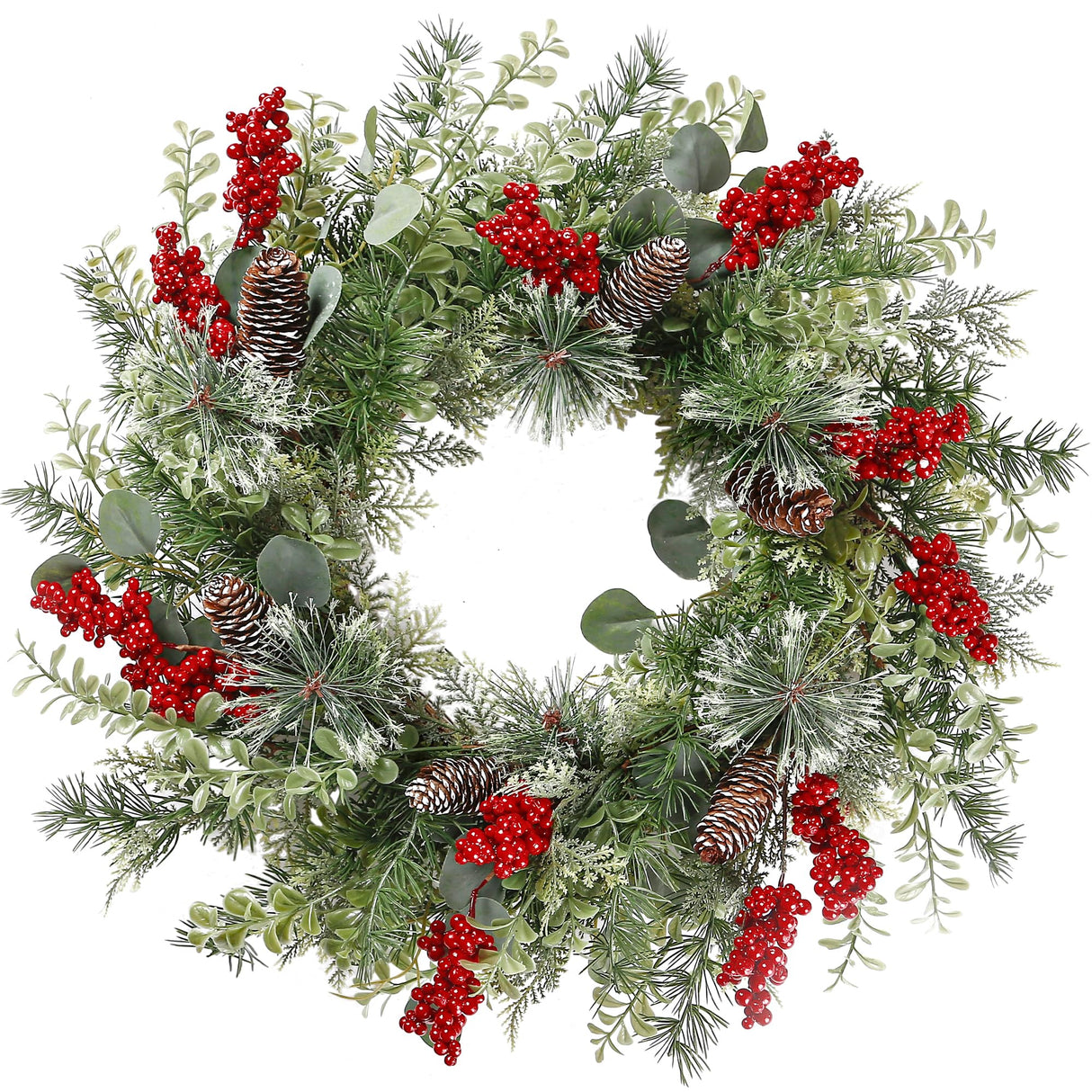 Sggvecsy 21 Inch Artificial Christmas Wreath for Front Door Xmas Red Berry Wreath with Pine Needles Pine Cones Eucalyptus Leaves Christmas Hanging Decorations for Wall Outdoor Home Window Decor Sggvecsy