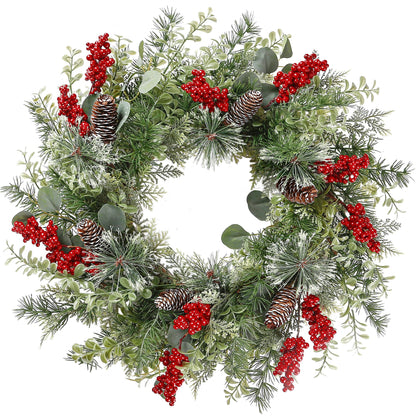 Sggvecsy 21 Inch Artificial Christmas Wreath for Front Door Xmas Red Berry Wreath with Pine Needles Pine Cones Eucalyptus Leaves Christmas Hanging Decorations for Wall Outdoor Home Window Decor