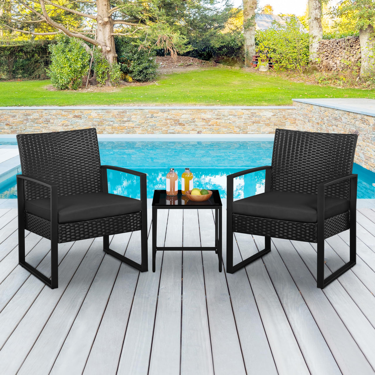 Yaheetech 3 Pieces Rattan Bistro Set, Indoor/Outdoor Wicker Patio Modern Conversation Furniture, 2 Chairs & Tempered Glass Coffee Table for Garden, Balcony, Backyard, Poolside, Black Yaheetech
