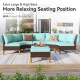 GREEN PARTY 7 Pieces Wicker Patio Furniture Set with 56" Fire Pit Table, All-Weather Outdoor Rattan Patio Half-Moon Curved Sectional Sofa Conversation Set with 4" Thick Cushions for Backyard (Blue) GREEN PARTY