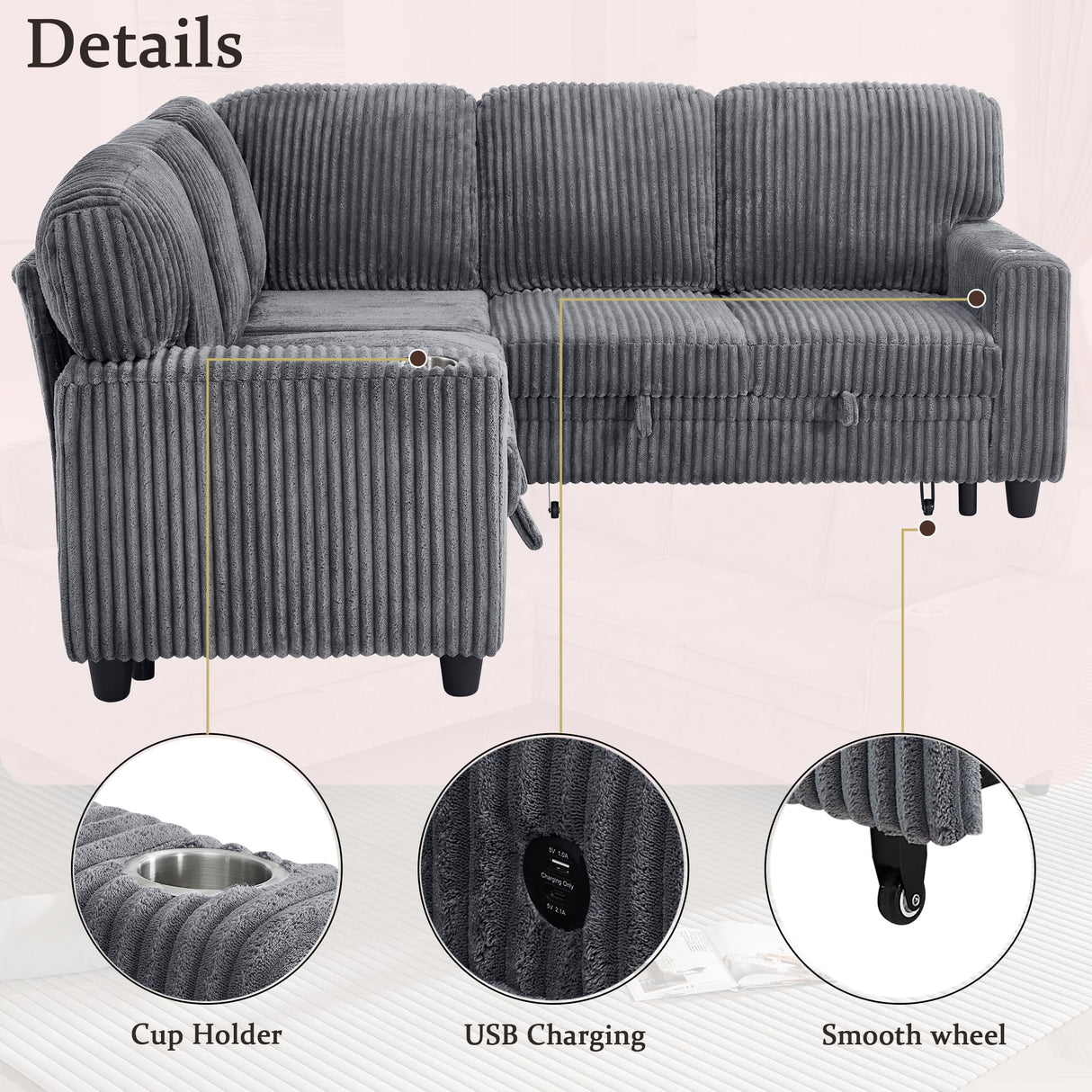 Ball & Cast L-Shaped Sleeper Sofa Bed,5 Seater Sectional Couch with Pull Out Bed and USB Charging,Cupholders & Storage Seats,Convertible Sofa Bed for Living Room,Apartment,Corduroy Fabric,Gray,81" Ball & Cast
