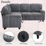 Ball & Cast L-Shaped Sleeper Sofa Bed,5 Seater Sectional Couch with Pull Out Bed and USB Charging,Cupholders & Storage Seats,Convertible Sofa Bed for Living Room,Apartment,Corduroy Fabric,Gray,81" Ball & Cast