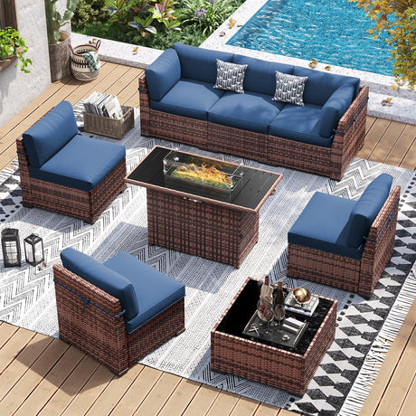 UDPATIO Patio Furniture Set with 44'' Fire Pit Table,Modular Outdoor Furniture Sets,Slanted Back Outdoor Sectional Conversation Set PE Rattan Sofa for Backyard W/Coffee Table,4'' Cushions,8 PCS,Blue UDPATIO