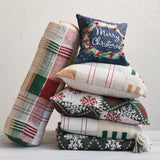 Creative Co-Op, Multicolor Square Cotton Printed Pillow with Wreath, Embroidery, Beads Poms Merry Christmas Creative Co-Op