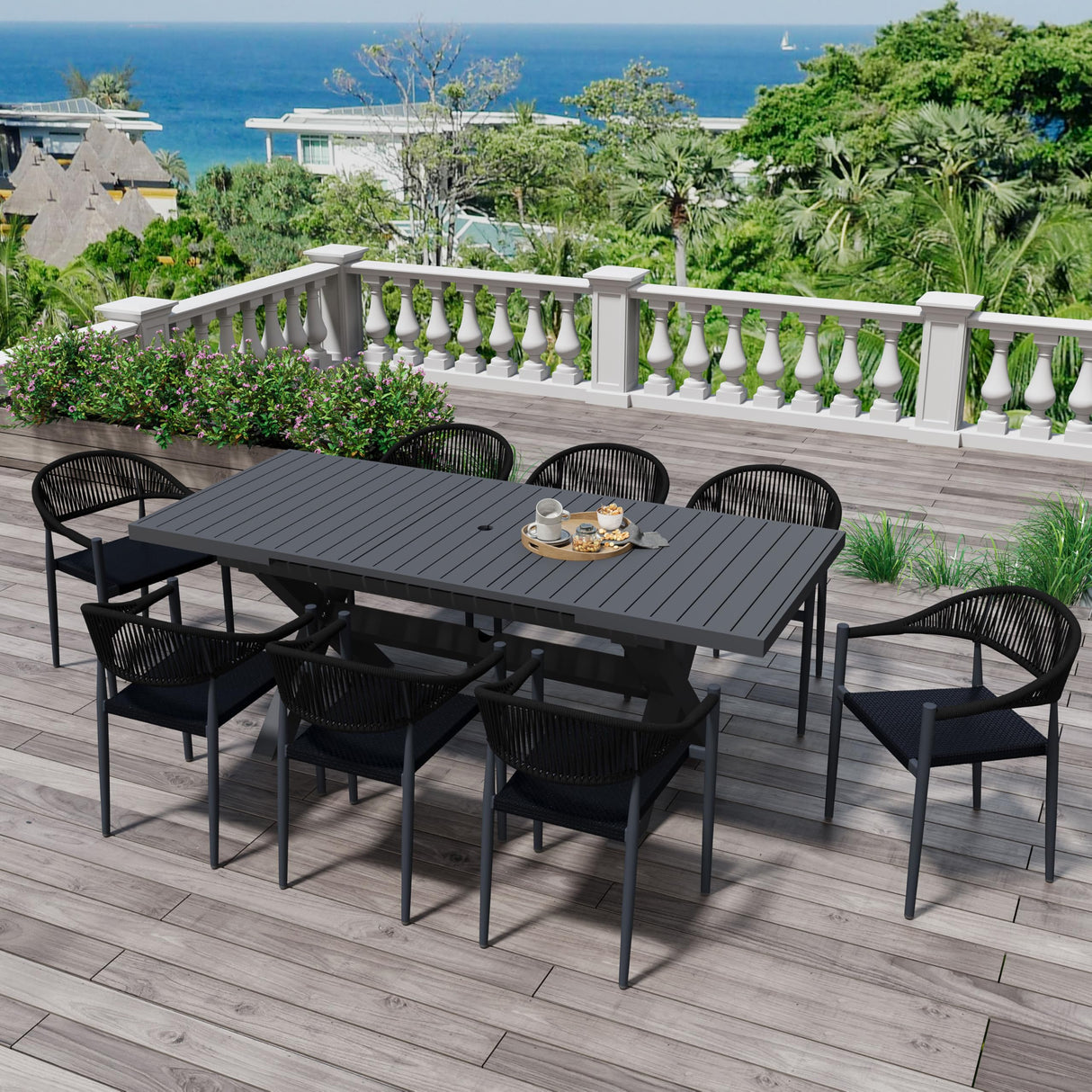 Erotr 8 Pcs Stackable Dining Chairs, Aluminum Rattan Outdoor Dining Chair with Arms, Woven Rope Patio Armchair Metal No Assembly for Bistro Garden Balcony Porch Deck Yard Cafe Restaurant, Black Erotr