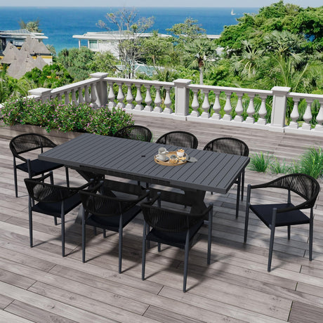 Erotr 8 Pcs Stackable Dining Chairs, Aluminum Rattan Outdoor Dining Chair with Arms, Woven Rope Patio Armchair Metal No Assembly for Bistro Garden Balcony Porch Deck Yard Cafe Restaurant, Black Erotr