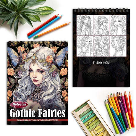 Netecom Gothic Fairies Coloring Book for Adults, Spiral Bound Edition, Softcover, 30 Intriguing Coloring Pages of Dark Fairy for Stress Relief and Relaxation Netecom