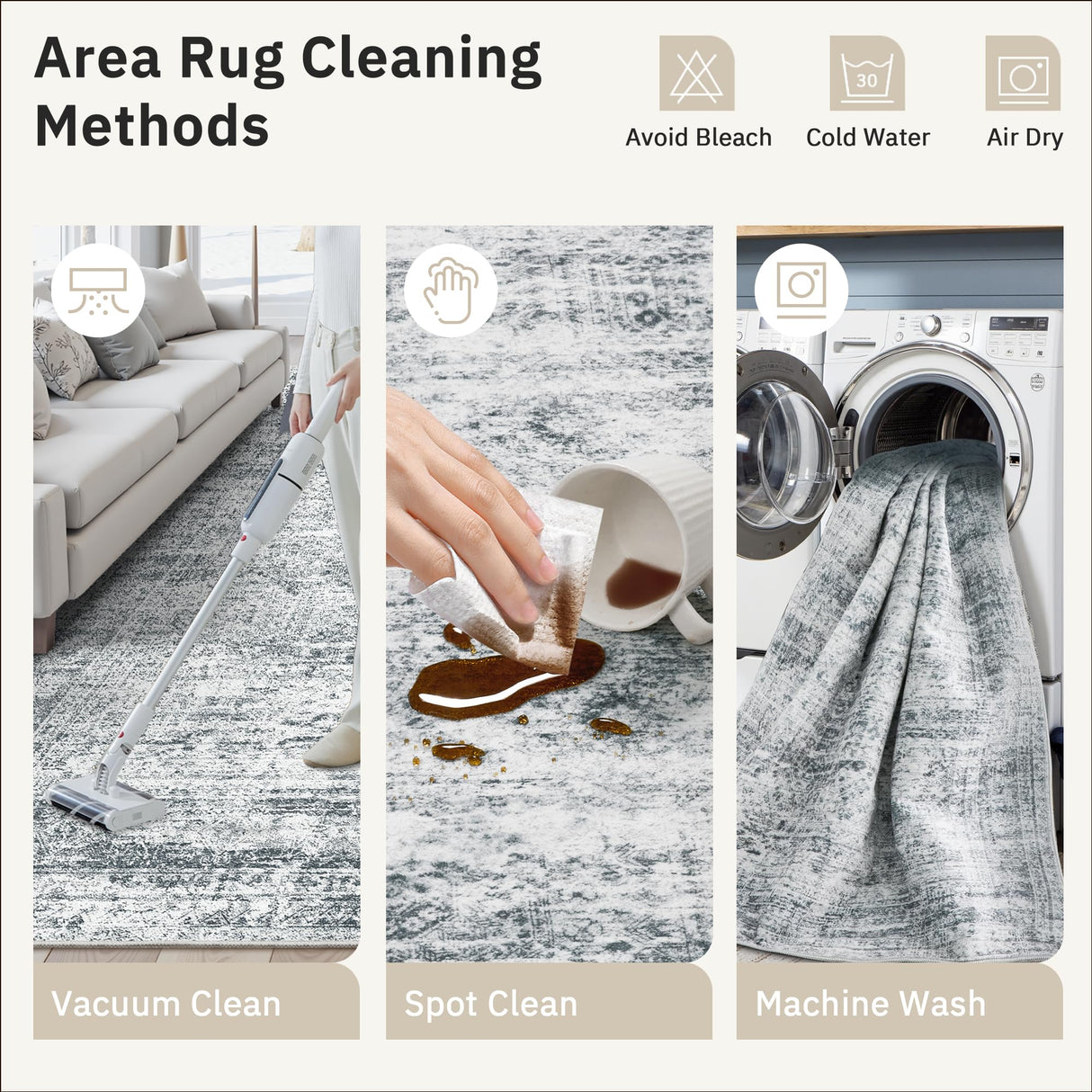 Soalmost Washable Area Rug 8x10, Large Soft Rugs for Living Room Farmhouse Vintage Gray Area Rugs for Bedroom Dining Room Non-Slip Stain Resistant Under Table Rug Grey Soalmost