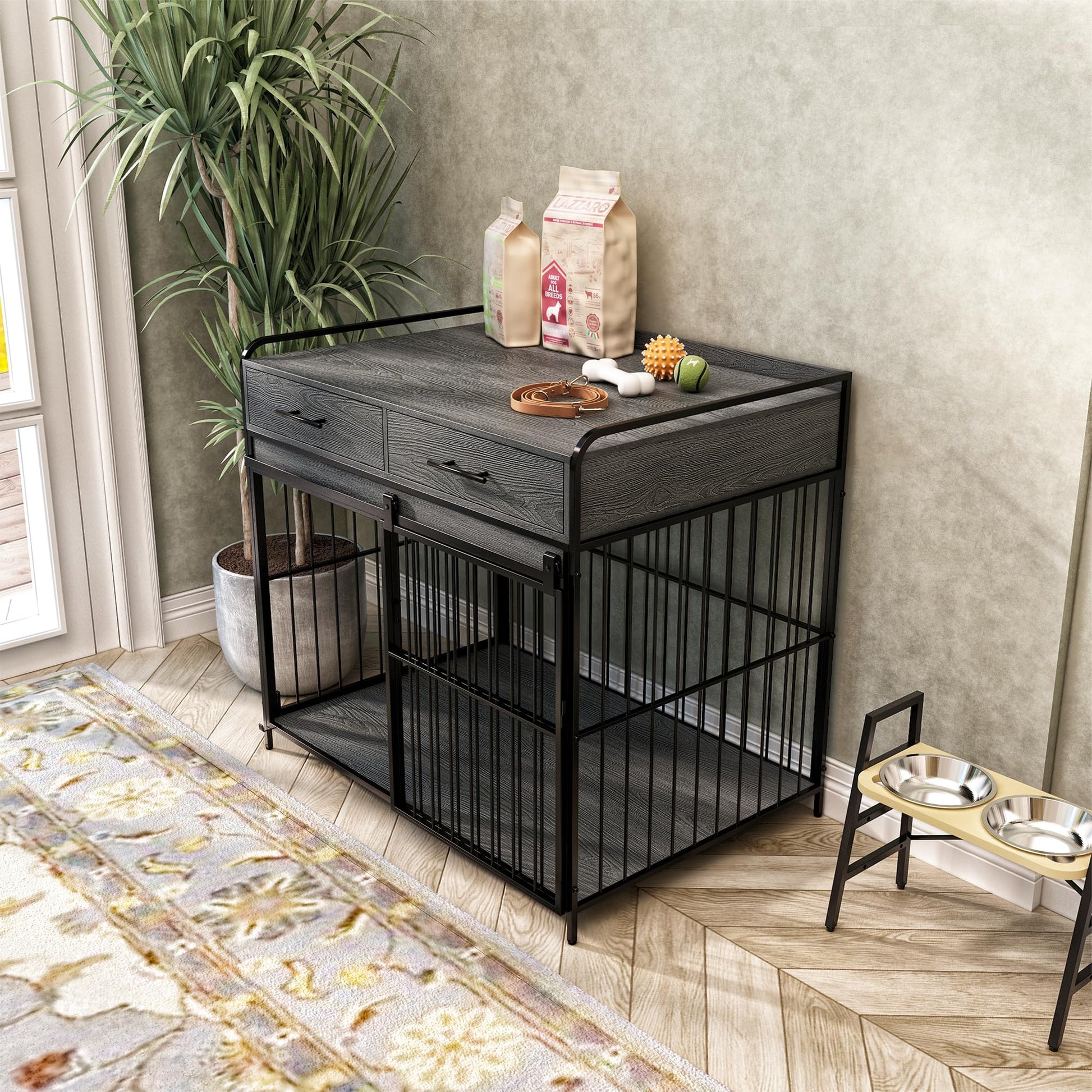 PUPETPO Large Dog Crate Furniture, Indoor Dog Kennel with Storage Drawers, Double Doors Dog Crate End Table Large, Heavy Duty Dog Crate, Decorative Pet Crate Dog Cages for Large Dogs, Grey - WoodArtSupply