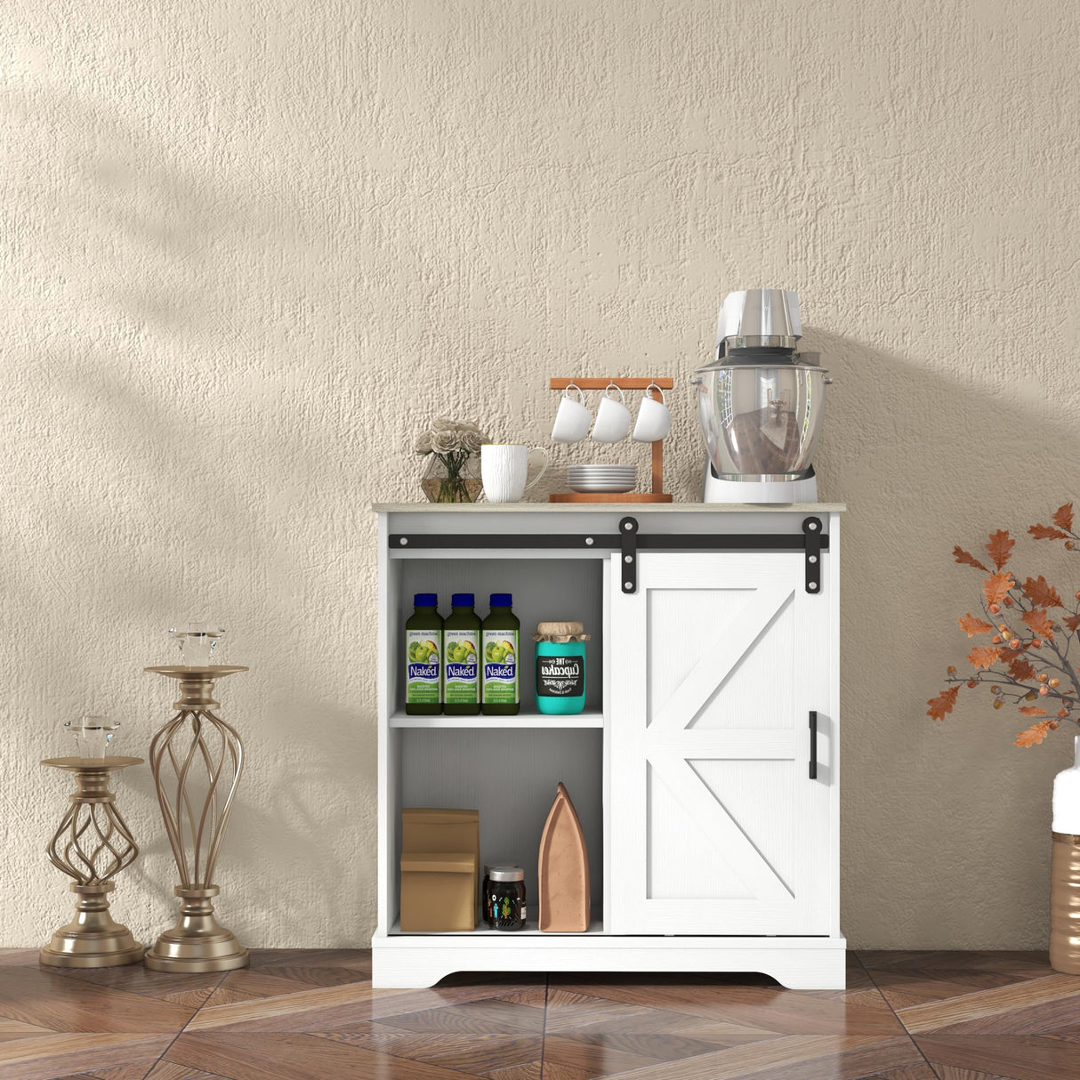 Panana Sliding Barn Door Buffet Sideboard Storage Cabinet Coffee Bar Kitchen Farmhouse Style (White Cabinet Nature Top) Panana