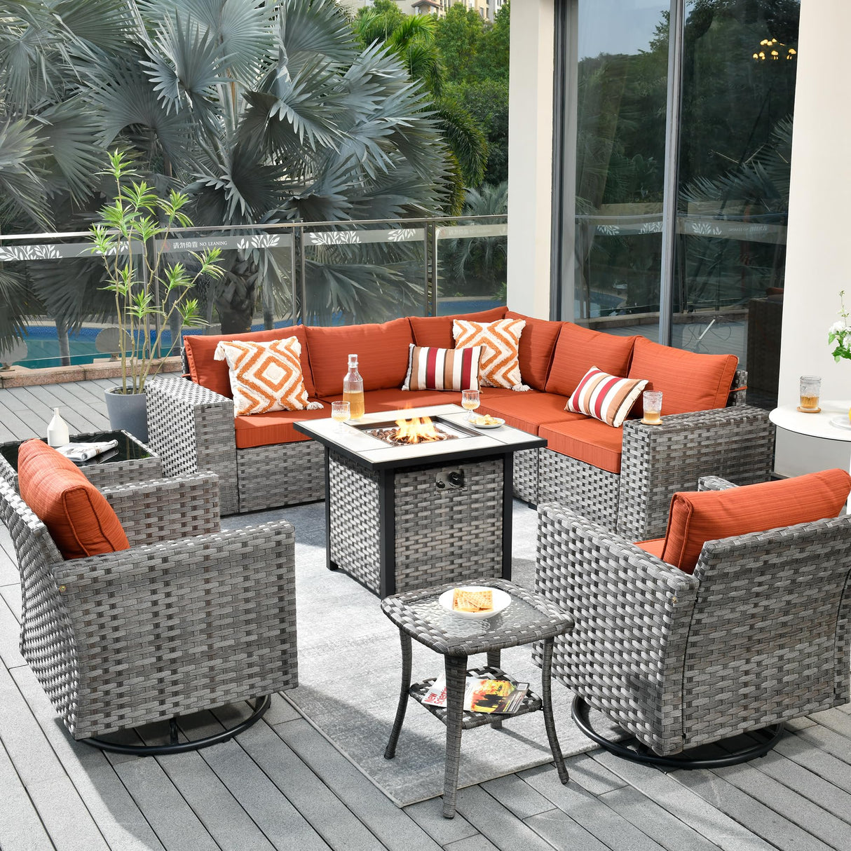 HOOOWOOO 10 Piece Modular Patio Outdoor Sectional Furniture Set with Gas Propane Fire Pit Table,Wicker Conversation Sofa Set with Swivel Chairs,Outside Couch Set(Orange Red) HOOOWOOO