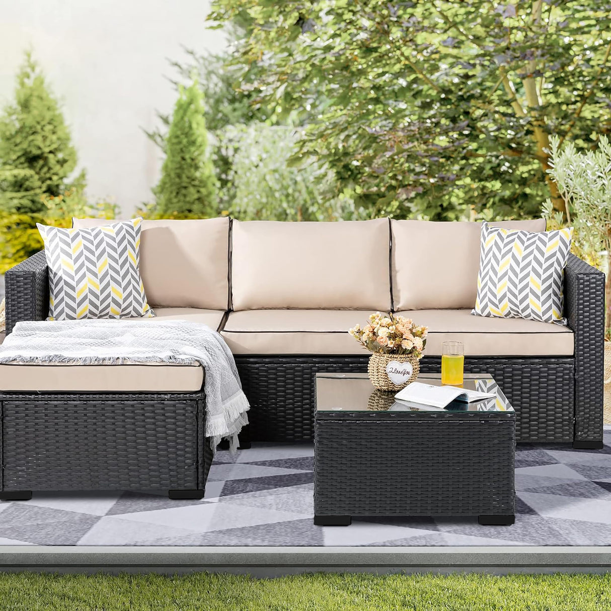 Shintenchi 3 Pcs Patio Furniture Set,Outdoor Sectional Black Wicker Patio Conversation Set,All-Weather Rattan Patio Couch with Washable Cushions and Glass Coffee Table(Khaki) Shintenchi