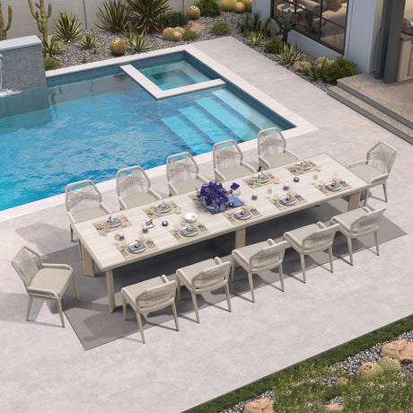 PURPLE LEAF 13 Pieces Patio Dining Set Aluminum Rectangular Table and Wicker Chairs with Cushions for Kitchen Porch Garden Modern Outdoor Furniture Sets, Champagne PURPLE LEAF