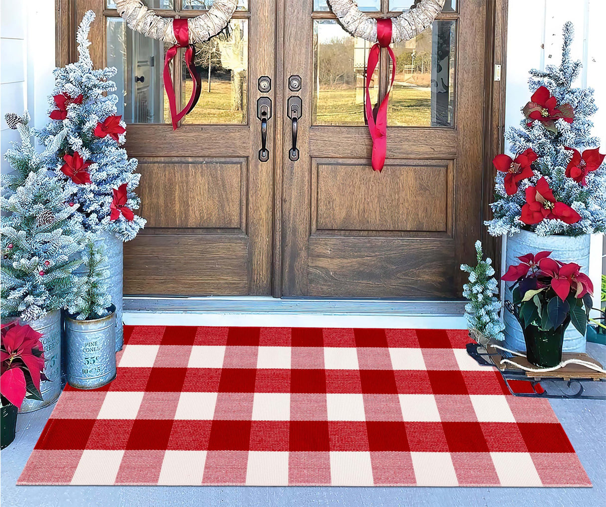 Christmas Outdoor Rugs 24 x 51''Red White Buffalo Plaid Front Porch Rug Hand-Woven Machine Washable Indoor/Outdoor Layered Door Mats for Entryway/Bedroom/Outdoor BUAGETUP
