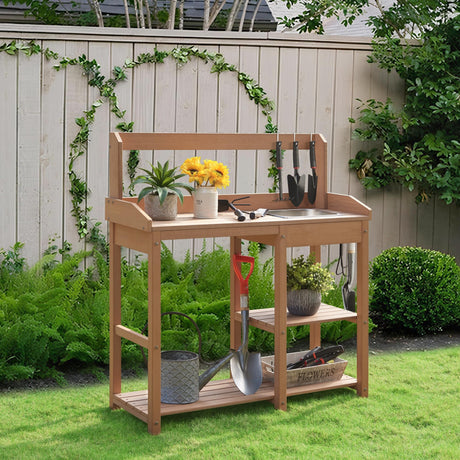 Psilvam Potting Bench, Poly Lumber Potting Table with Removable Stainless Steel Sink and Open Shelves, All-Weather Garden Table Work Station, Planting Table for Garden, Patio and Lawns (Teak Color) Psilvam