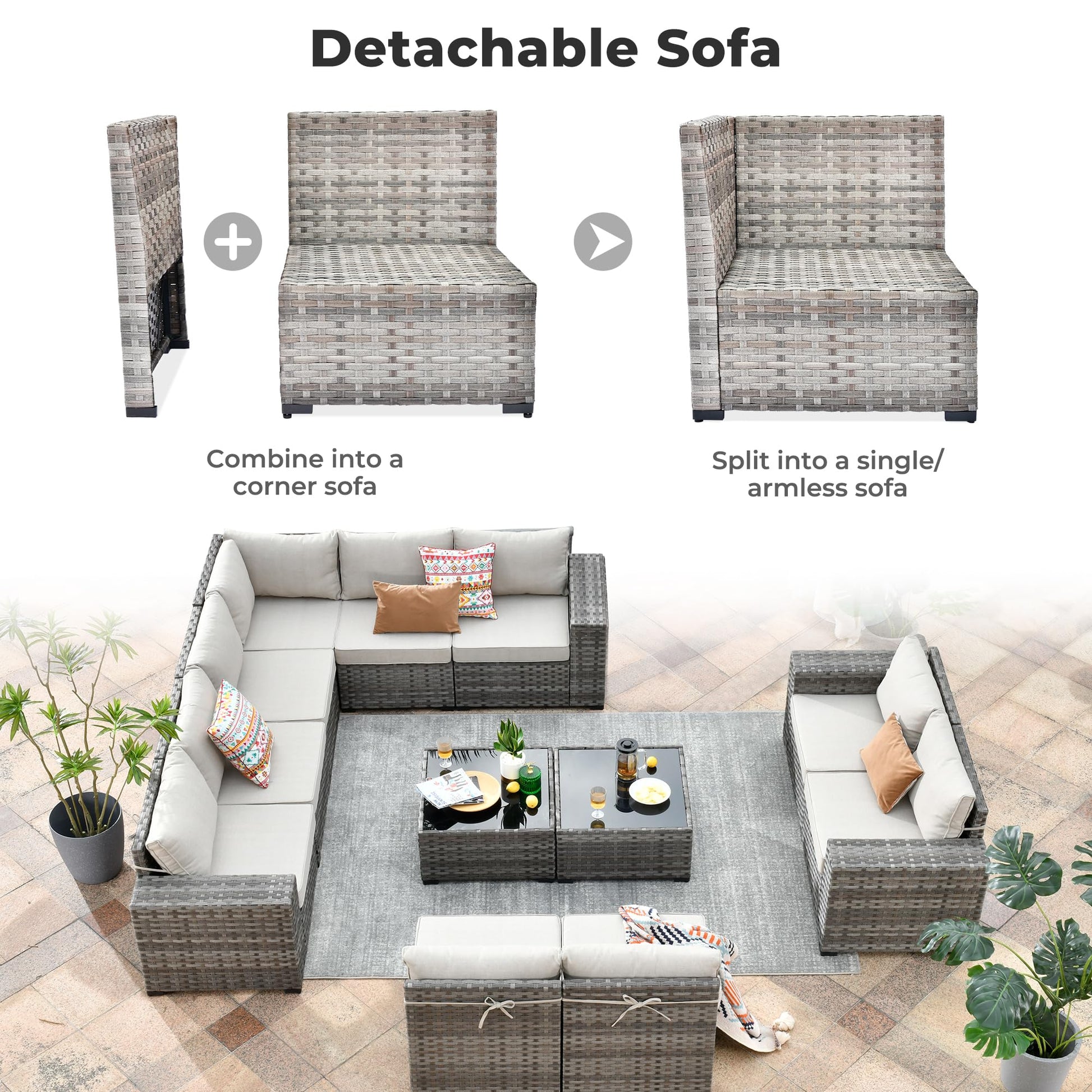 ovios Patio Furniture Set 12 Pieces Outdoor Sectional Sofa Set with Comfy Cushions and Deep Seat, Modern Modular Wicker Rattan Conversation Set, Beige - WoodArtSupply