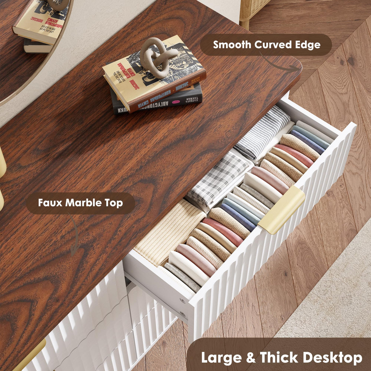 Garvee 9 Drawers Dresser for Bedroom, 60.6" Wide Dressers with Curved Profile Design, Fluted Wood Drawers with Gold Handle, Modern Chest of Dressers with Thickened Design for Living Room, White Garvee