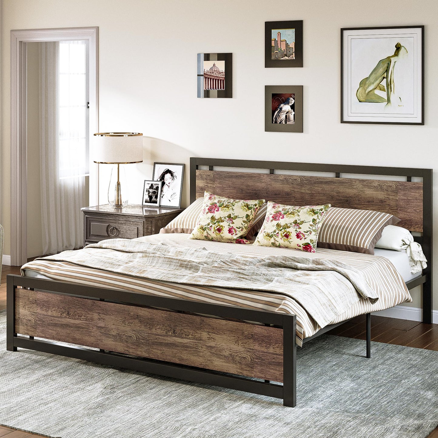 LIKIMIO Walnut King Bed Frame with Headboard & Footboard - Sturdy, Noise-Free Design with Ample Underbed Storage - WoodArtSupply