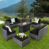Tangkula 9 Pieces Patio Rattan Furniture Set, Patiojoy Sectional Sofa Set w/Storage Box, Coffee Table, Outdoor Wicker Conversation Set w/ 42” ETL Approved Propane Fire Pit Table (Black) Tangkula