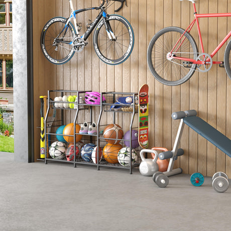 LUMAMU Small Garage Sports Equipment Organizer,Ball Storage Rack with Elastic Rope,Garage Organizer System, Indoor/Outdoor Shelf Rack for Sports Gear and Toys Storage LUMAMU