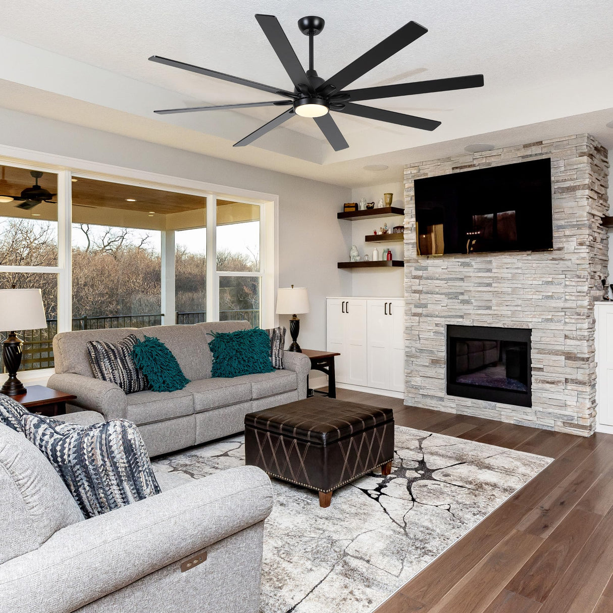 Sevenine 72 Inch Ceiling Fan With Lights and Remote,8 Black Wood Blades,Large Ceiling Fan with 6 Speed Reverse DC Motor,3 Color Dimmable LED, Downrod For Indoor Great Rooms Living Room Patio Farmhouse Sevenine