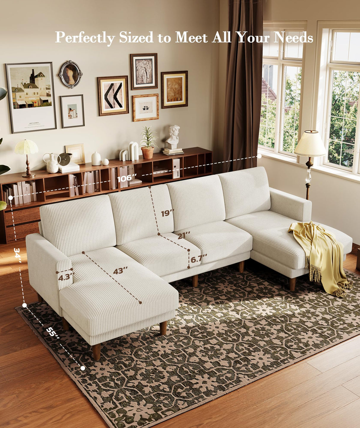 Kidirect 106" Beige U Shaped Couch with Chaises, Corduroy Sectional Couches for Living Room No Tool Assembly, 4 Seats Loveseat Sofa Comfy Sectional Sofas for Living Room Apartment Home 900lb Load Kidirect