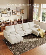 Kidirect 106" Beige U Shaped Couch with Chaises, Corduroy Sectional Couches for Living Room No Tool Assembly, 4 Seats Loveseat Sofa Comfy Sectional Sofas for Living Room Apartment Home 900lb Load Kidirect