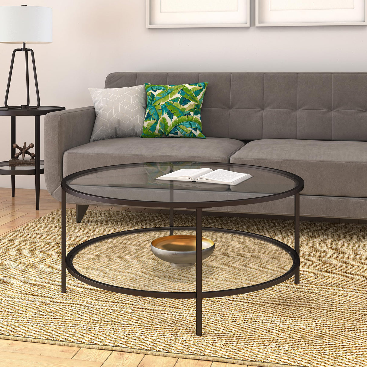Henn&Hart 36" Wide Round Coffee Table with Glass Top in Blackened Bronze, Modern coffee tables for living room, studio apartment essentials Henn&Hart