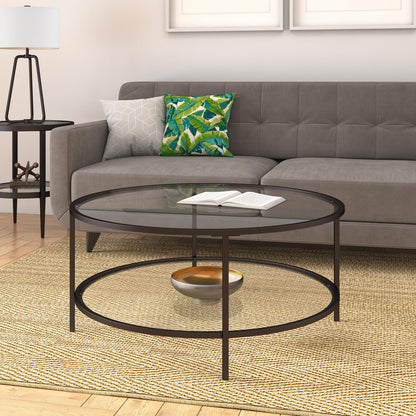 Henn&Hart 36" Wide Round Coffee Table with Glass Top in Blackened Bronze, Modern coffee tables for living room, studio apartment essentials - WoodArtSupply